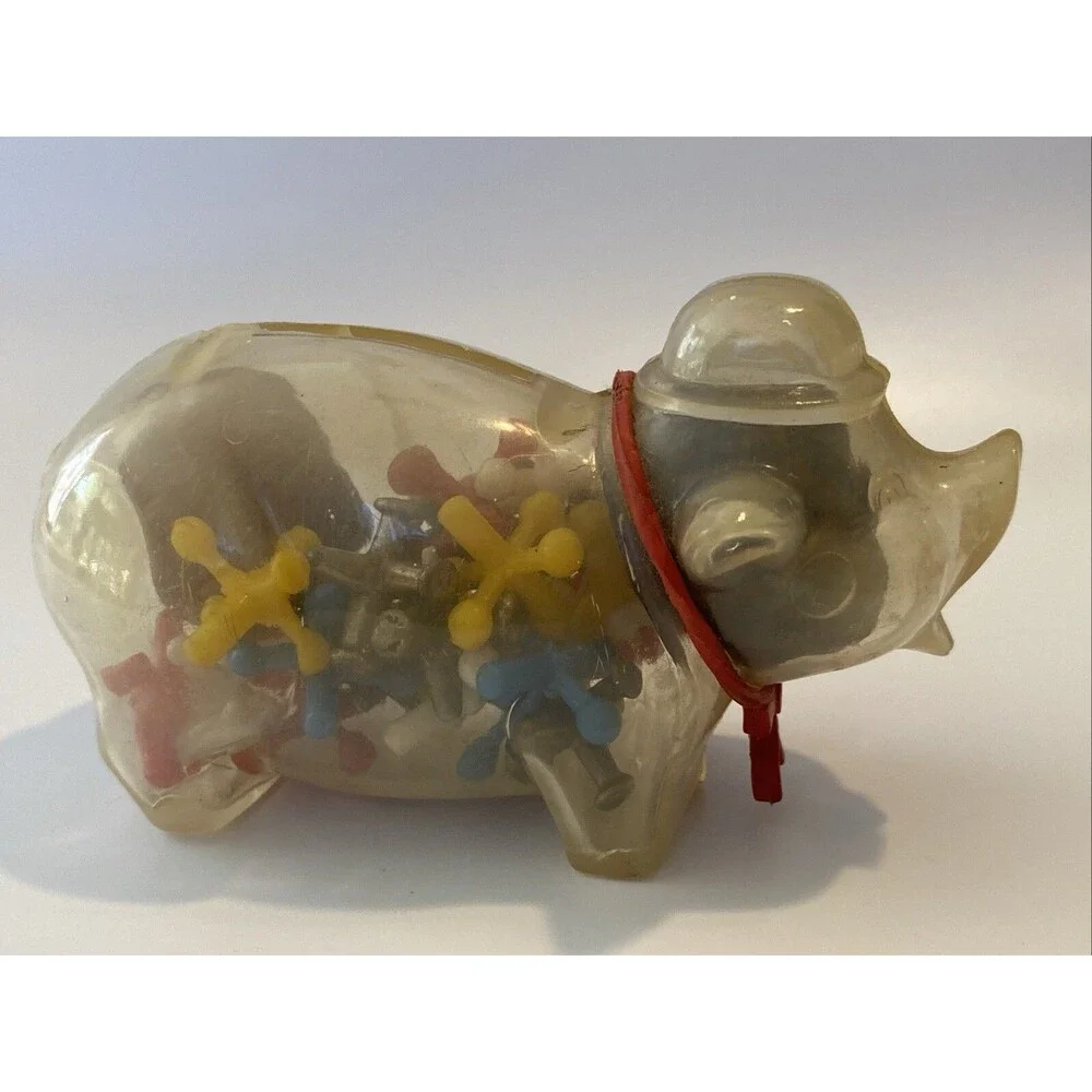 Vintage Plastic Piggy Bank Full Of Jacks Game 2 Bouncy Balls Pick Up Jacks Old